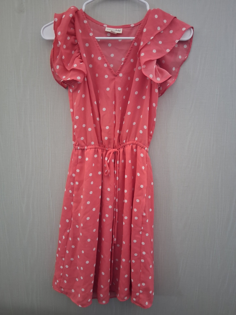 Maison Jules Coral Pink Polka Dot Girls Dress with Ruffle Sleeves